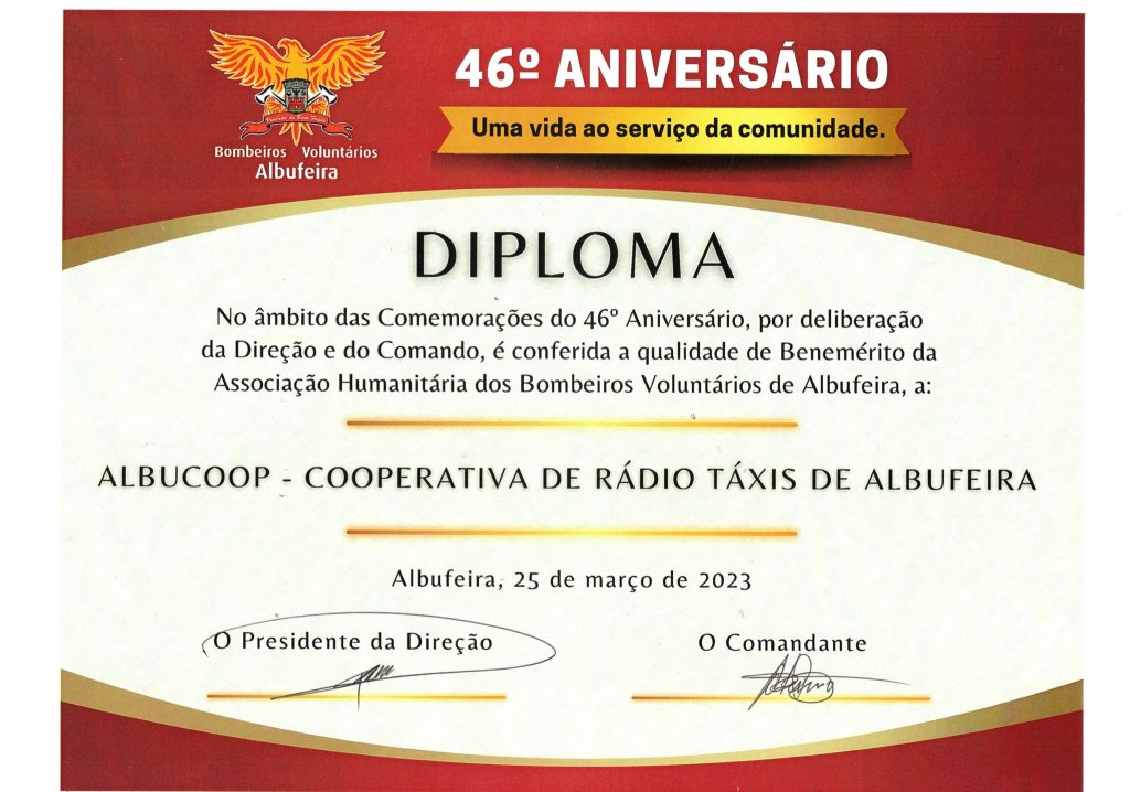 Diploma Benemérita Taxis Albufeira